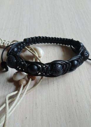 Чорний плетений браслет шамбала з вулканічним каменем і шунгита