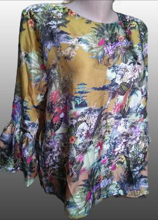 Свободная блуза с 3/4 рукавами с воланами/тропический цветочны...