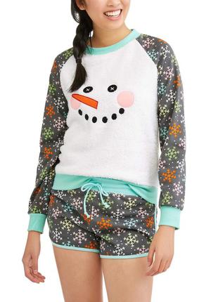 Пижама женская теплая с шортами снеговик новогодняя