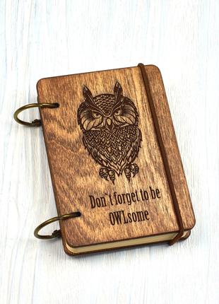 Блокнот деревянный А7 OWL сова из фанеры Темный на кольцах