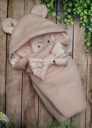 Конверт-одеяло с хлопковой косичкой с ушками деми зима