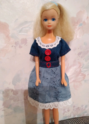 Одежда для куклы Барби -джинсовое платье с шитьем.