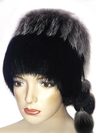 Хутряна шапка з кролика зі вставками з чорнобурки "кубанка" чорна
