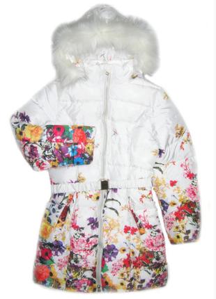 Детское зимнее пальто на девочку цветы белый