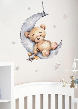 Наклейка на стену детская виниловая интерьерная Мишка с самоле...