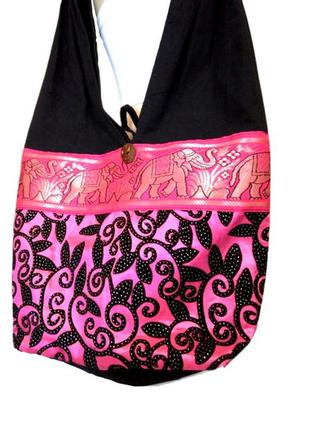 Черная розовая текстильная сумка мешок из хлопка с вышивкой, п...