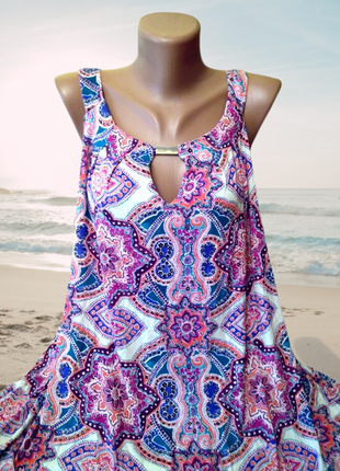 Туника, натуральное мини платье с разноцветным принтом, большо...