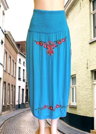Бирюзовая юбка, или платье f&f, из вискозы с вышивкой, большой...