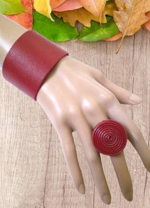 Красный браслет и кольцо из натуральной кожи, ручная работа
