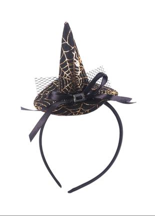 Обруч на Хэллоуин, черная + золотистая паутина - длина шляпы 11см