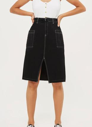 Новая чёрная джинсовая юбка миди с поясом 🖤 с замерами