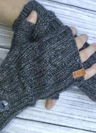Зимние мужские митенки - вязаные перчатки для мужчин (серые)