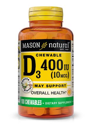 Витамин D 400 ME, вкус ванили, Vitamin D, Mason Natural, 100 ж...
