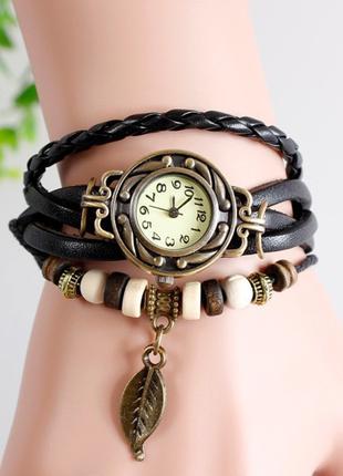 Женские часы браслет с листочком черные