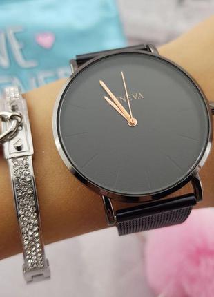 Женские часы Geneva Classic steel watch черные, жіночий наручн...