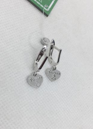 Новые родированые серебряные серьги сердечки серебро 925 пробы