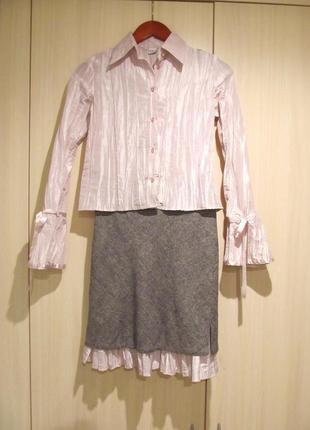 Костюм для девочки с юбкой из твида и нарядной блузой, 10-11 л...
