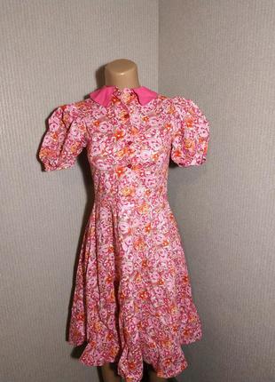 Платье ретро винтаж розовое в цветочек с пышной юбкой и рукава...
