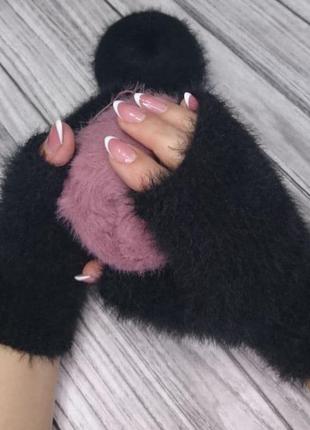 Пушистые зимние митенки - черные женские перчатки без пальцев