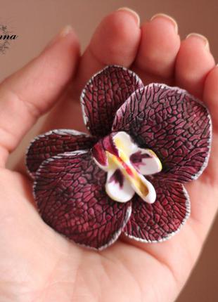 Заколка ручной работы "бордовая орхидея с росписью"