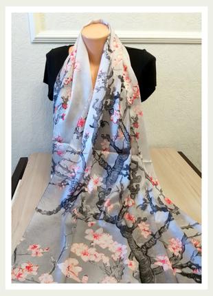 шёлковый шарф палантин ван гог «цветущие ветки миндаля» серый