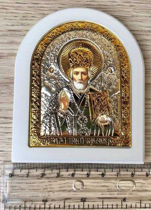 Серебряная Икона Святой Николай 10х8см в деревянной рамке, икона