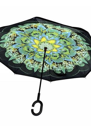 Зонт обратного сложения Lesko Up-Brella Зелёный Павлин с рисун...