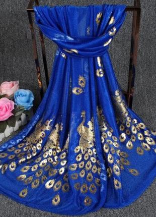 Женский синий шарф с павлинами - размер шарфа 170*40см