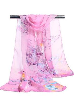 Женский шифоновый шарф розовый с птицами - размер шарфа прибли...