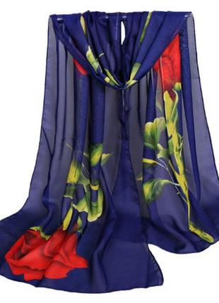 Женский шарф синий с розой - 150*46см, шифон