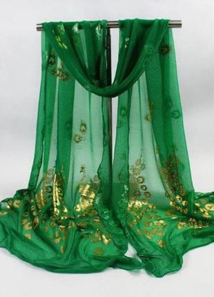 Жіночий зелений шарф з павичами - розмір шарфа 160*43см, нейлон