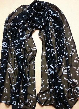 Женский черный шарф с нотами - 150*48см, шифон