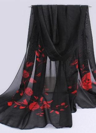 Женский черный шарф с красными розами - размер шарфа приблизит...