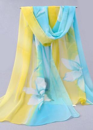 Женский шарфик с цветами, желтый + голубой - размер шарфика пр...