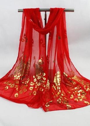 Женский красный шарф с павлинами - размер шарфа 160*43см, нейлон
