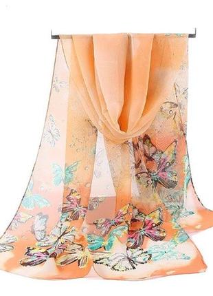 Женский шифоновый шарфик оранжевый с бабочками - размер шарфа ...