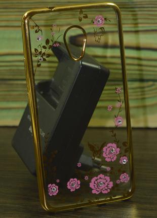 Защитный чехол на Meizu M5s тонкий цветы золотистый