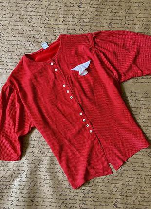 Яркая красная блуза в белый горох короткий рукав винтаж