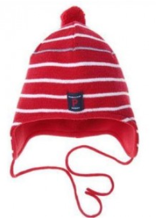 Красная в белую полоску зимняя шерстяная шапка с помпоном на ф...