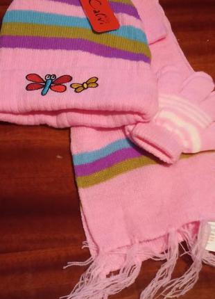 Яркий красивый комплект для девочки шапка шарф перчатки kids k...