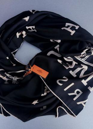 Hermes шелковый женский платок шарфик черный с бежевым логотипом
