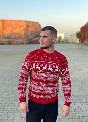 Новогодний мужской свитер с оленями из натуральной шерсти Мужс...