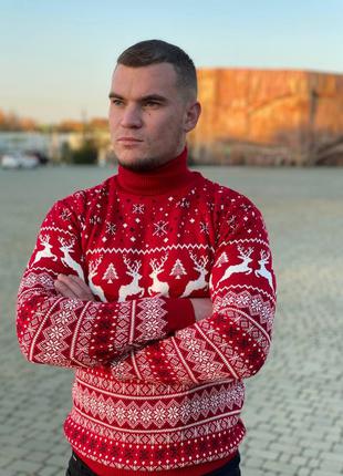 Мужской новогодний зимний свитер с оленями красный с горлом M ...
