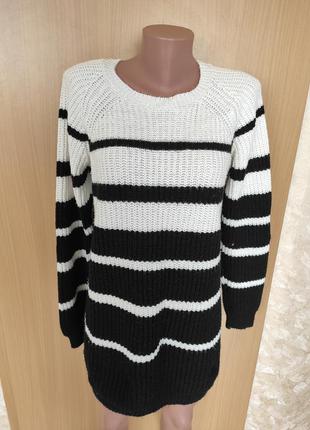 Черно- белое вязаное платье оверсайз свитер в полоску f&f