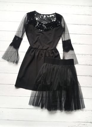 Черное короткое платье  с сеткой и юбкой в комплекте арт 4511