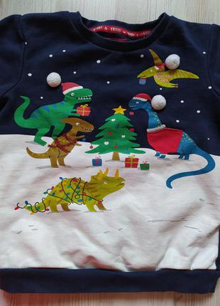 Новогодняя кофта свитшот свитер с принтом динозавров на 5-6лет