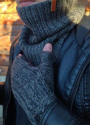 Комплект серый мужской шарф бафф и перчатки-митенки