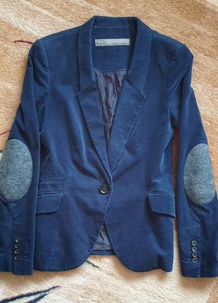 Синий однобортный вельветовый пиджак жакет