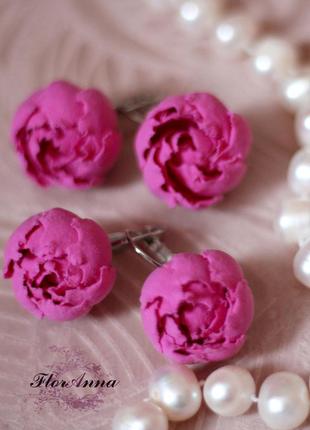 Розовые серьги цветы ручной работы "пионы цвета фуксия"(1пара)