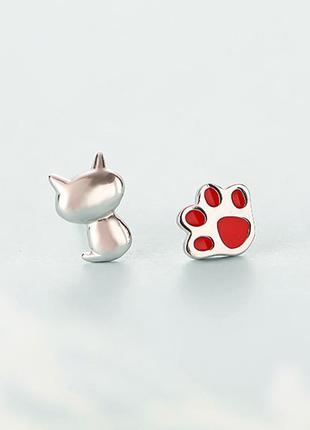 Серебряные сережки гвоздики котик и лапка женские детские